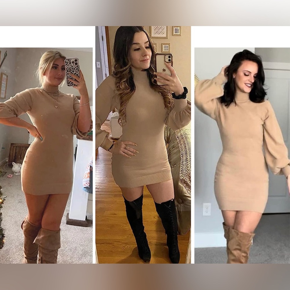 NWT-EXLURA Mock Neck Ribbed Long Sleeve Bodycon Pullover Dress - Picture 3 of 6